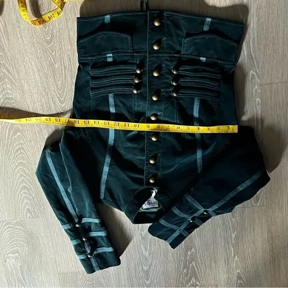 Vintage 90s Velvet Military Button Teal Blue Fitted Breast Blazer Jacket 4 XS