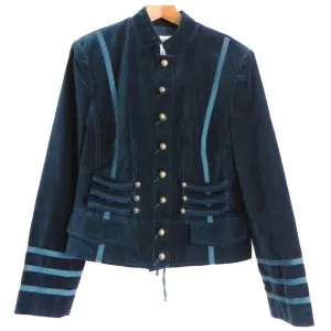 Vintage 90s Velvet Military Button Teal Blue Fitted Breast Blazer Jacket 4 XS