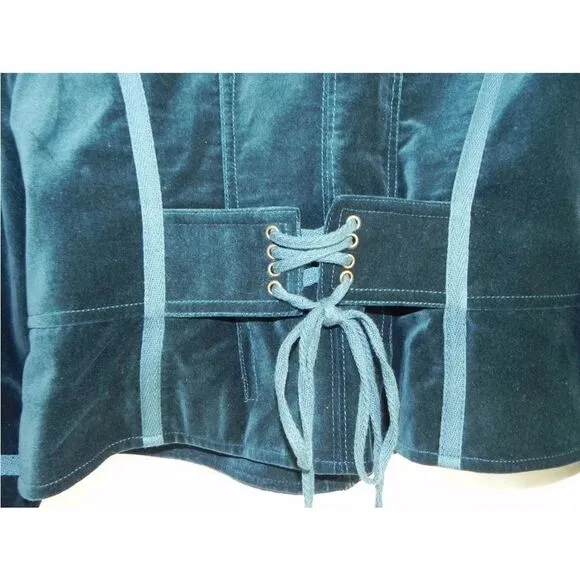 Vintage 90s Velvet Military Button Teal Blue Fitted Breast Blazer Jacket 4 XS