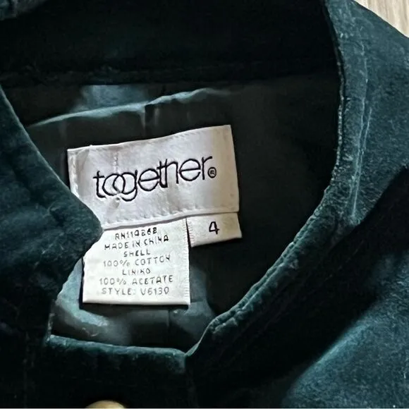 Vintage 90s Velvet Military Button Teal Blue Fitted Breast Blazer Jacket 4 XS