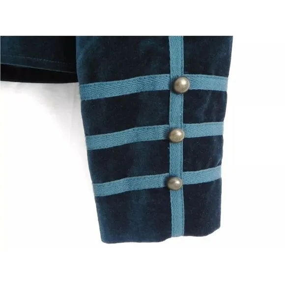 Vintage 90s Velvet Military Button Teal Blue Fitted Breast Blazer Jacket 4 XS