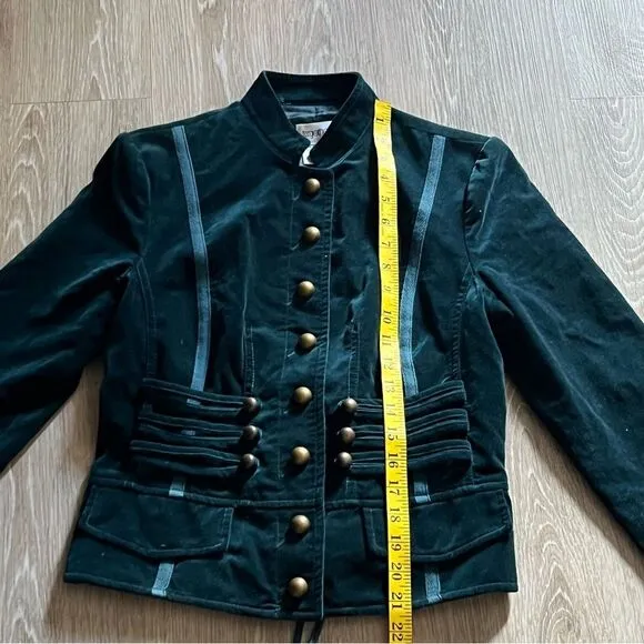 Vintage 90s Velvet Military Button Teal Blue Fitted Breast Blazer Jacket 4 XS