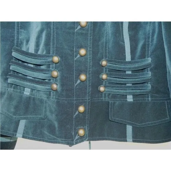 Vintage 90s Velvet Military Button Teal Blue Fitted Breast Blazer Jacket 4 XS