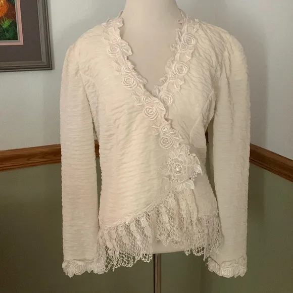 Vntg Cachet by Bari Protas Ivory Victorian crochet embroidered beaded Blazer 10