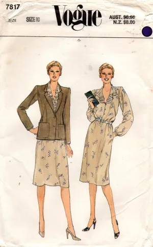 Vogue 7817 Womens Ruffled Front Dress & Blazer 1980s Vintage Sewing Pattern Size 10 Bust 32.5 inches UNCUT Factory Folded