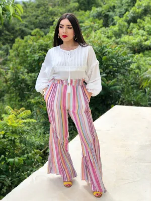 Waist Band Ruffle Side Pocket Wide Multi Color Stripe Print Pants