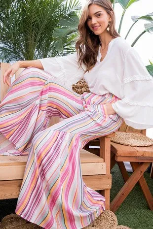 Waist Band Ruffle Side Pocket Wide Multi Color Stripe Print Pants