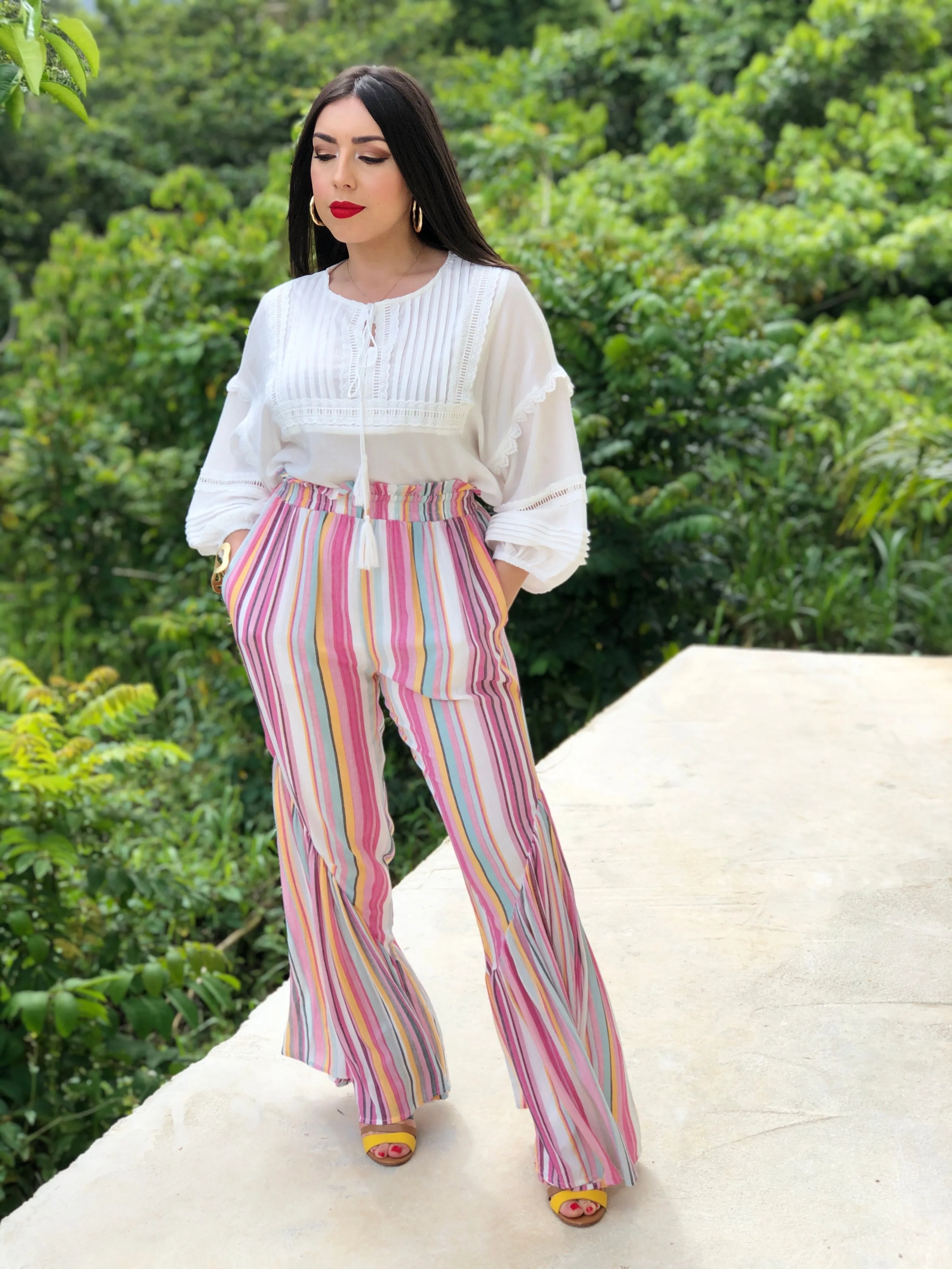 Waist Band Ruffle Side Pocket Wide Multi Color Stripe Print Pants