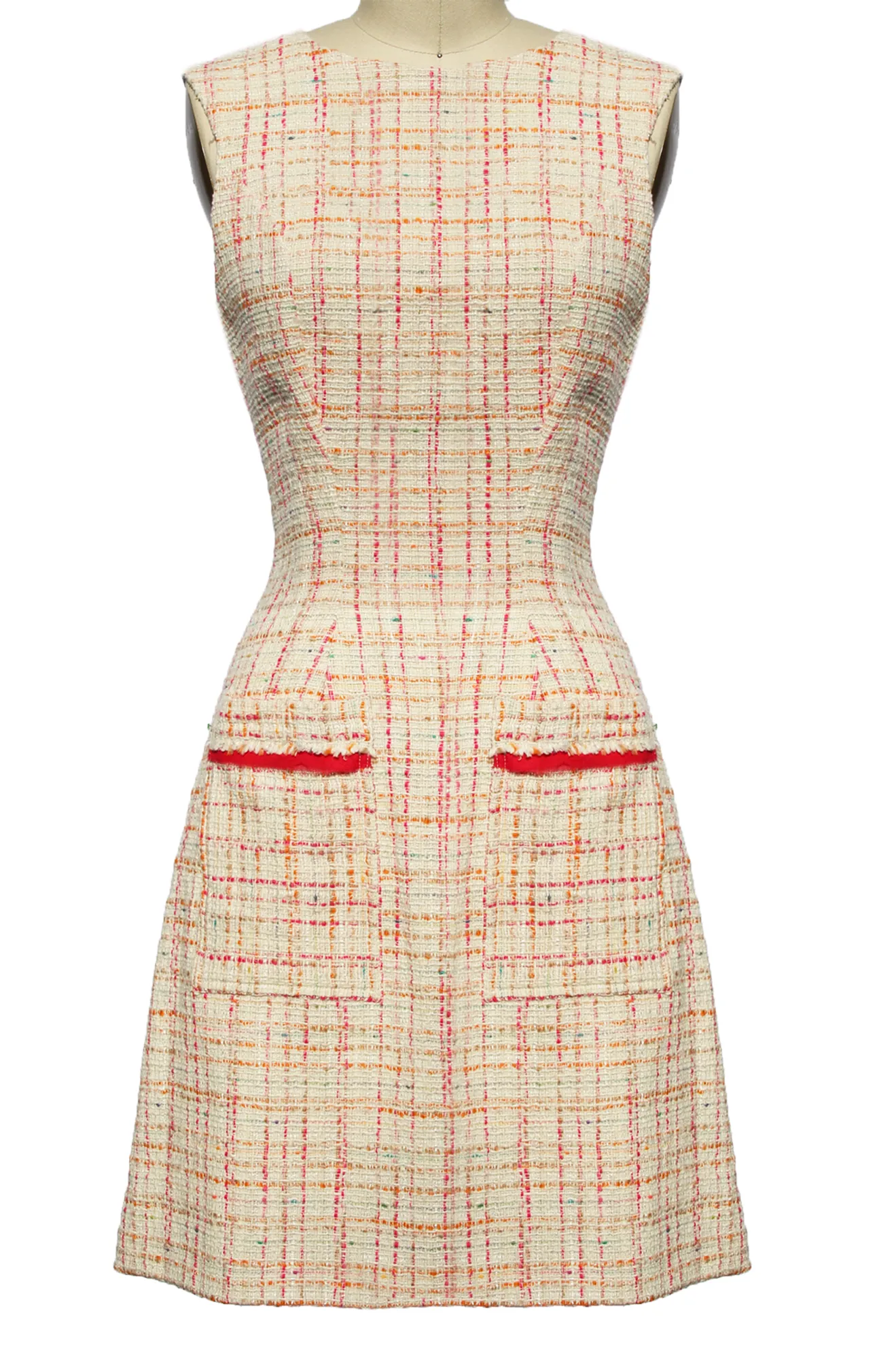 White, Pink and Orange Tweed Dress with Pockets