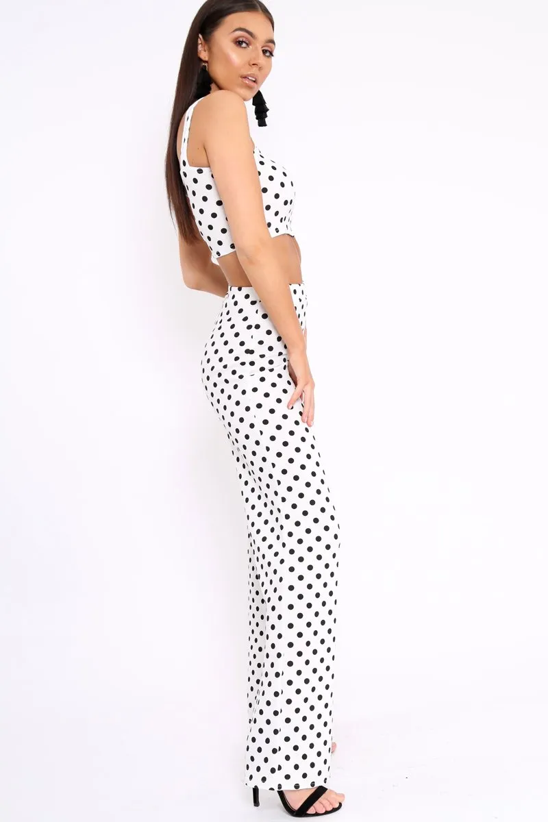White Polka Dot Crop Top and Trousers Co-ord Set - Kimmy