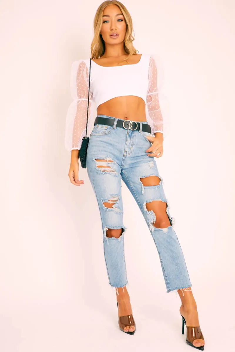 White Polka Dot Organza Sleeve Crop Top - Bianca