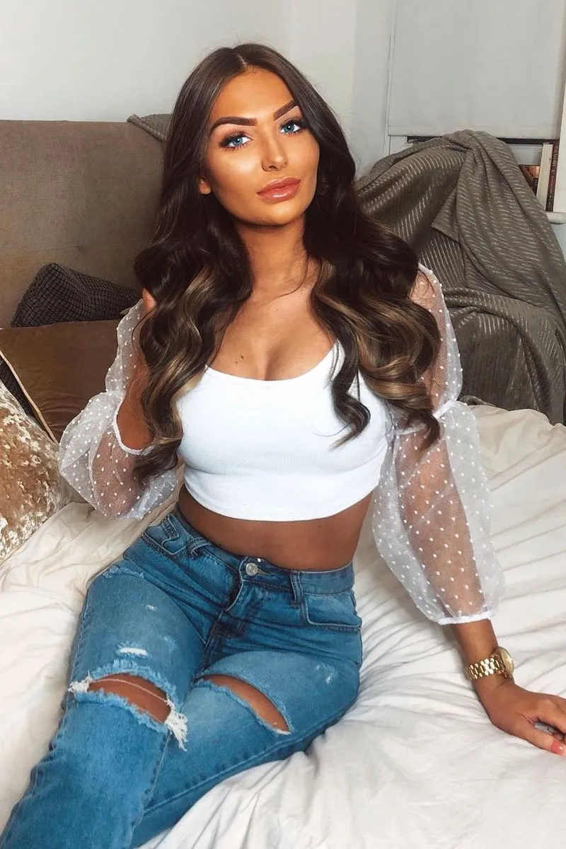 White Polka Dot Organza Sleeve Crop Top - Bianca