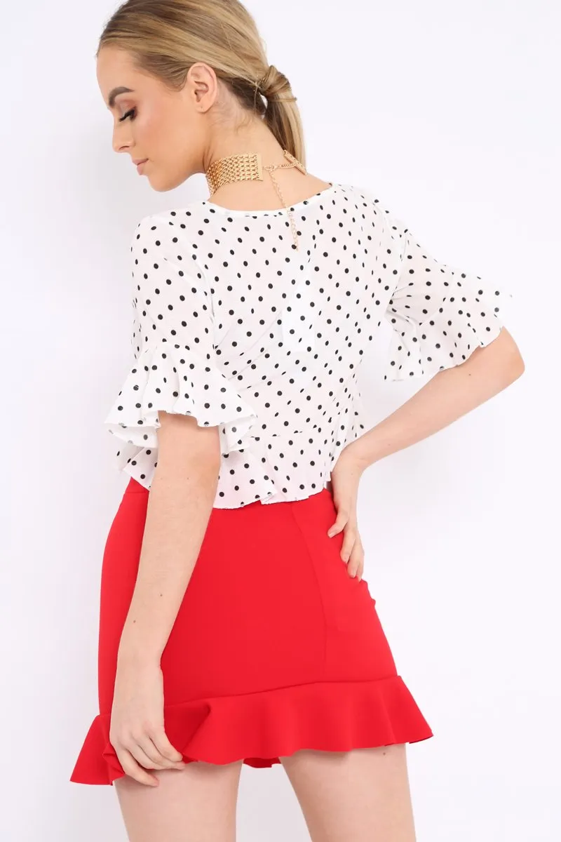 White Polka Dot Ruffle Crop Top - Ivie