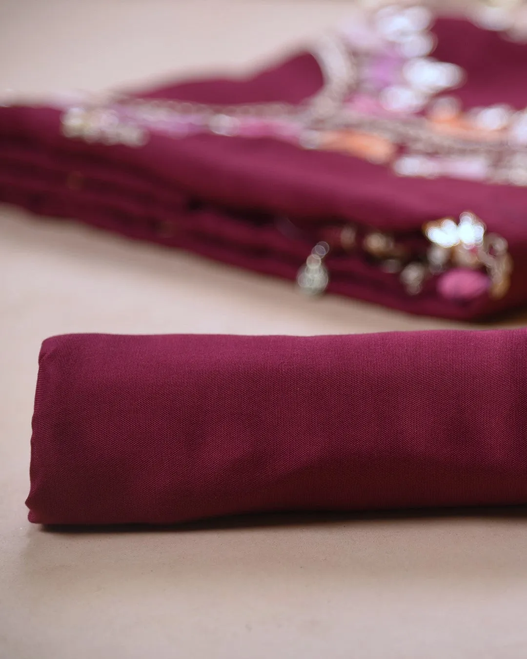 Wine Silk Viscose Blend Hand Embroidered Unstitched Suit Fabric Set With Organza Blend Woven Dupatta