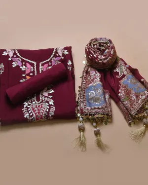 Wine Silk Viscose Blend Hand Embroidered Unstitched Suit Fabric Set With Organza Blend Woven Dupatta