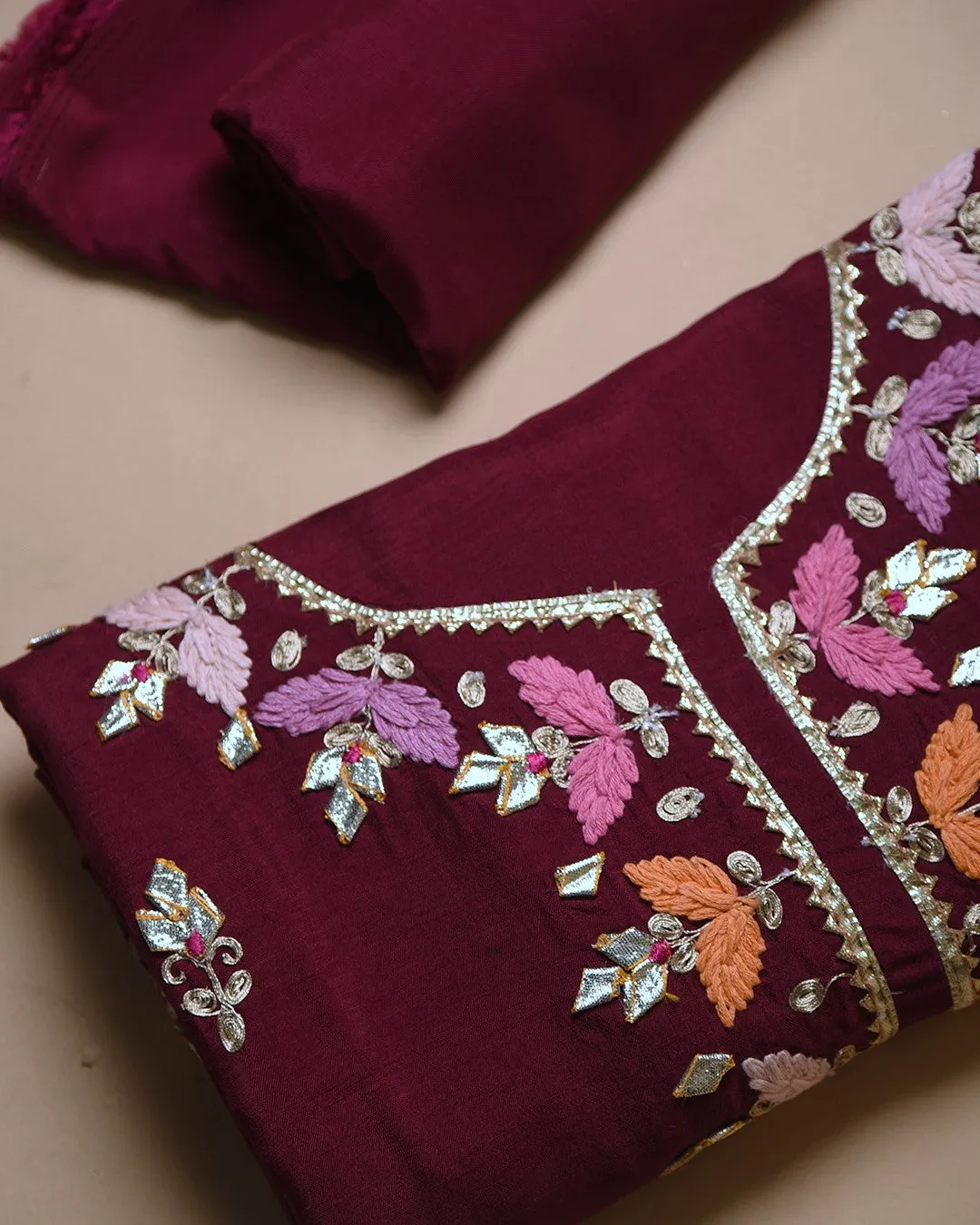 Wine Silk Viscose Blend Hand Embroidered Unstitched Suit Fabric Set With Organza Blend Woven Dupatta