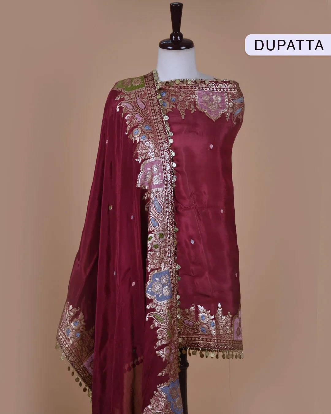 Wine Silk Viscose Blend Hand Embroidered Unstitched Suit Fabric Set With Organza Blend Woven Dupatta