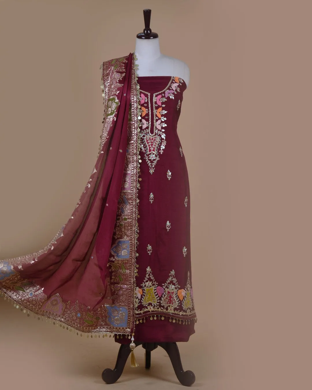 Wine Silk Viscose Blend Hand Embroidered Unstitched Suit Fabric Set With Organza Blend Woven Dupatta