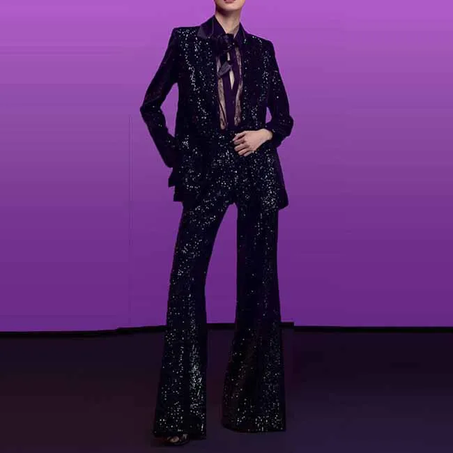 Women Black Sequinned fitted Blazer   Mid-High Rise Flare Trousers Suit Pantsuit