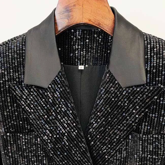 Women Black Sequinned fitted Blazer   Mid-High Rise Flare Trousers Suit Pantsuit