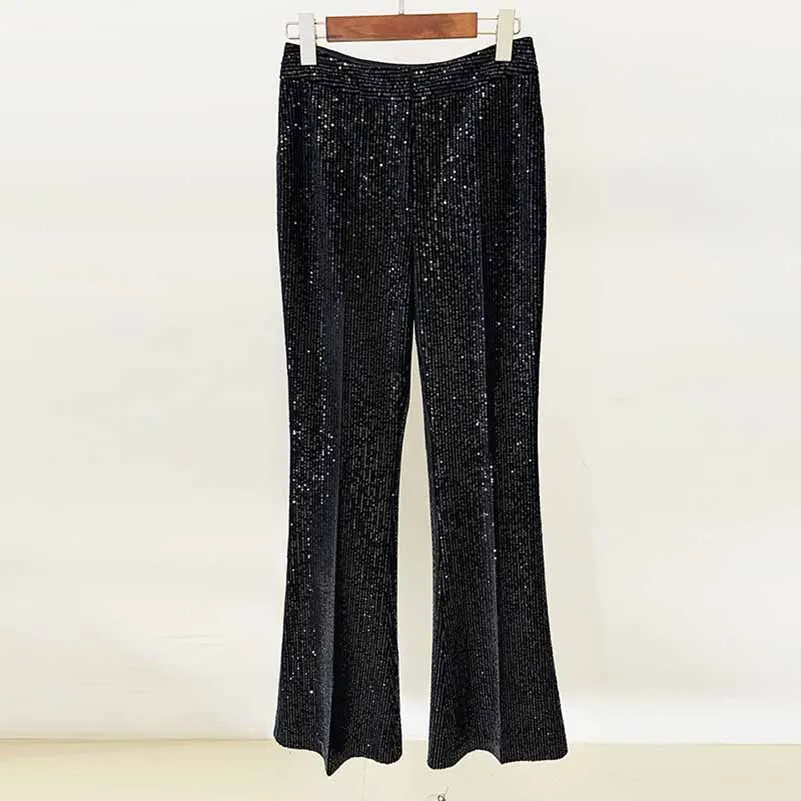 Women Black Sequinned fitted Blazer   Mid-High Rise Flare Trousers Suit Pantsuit