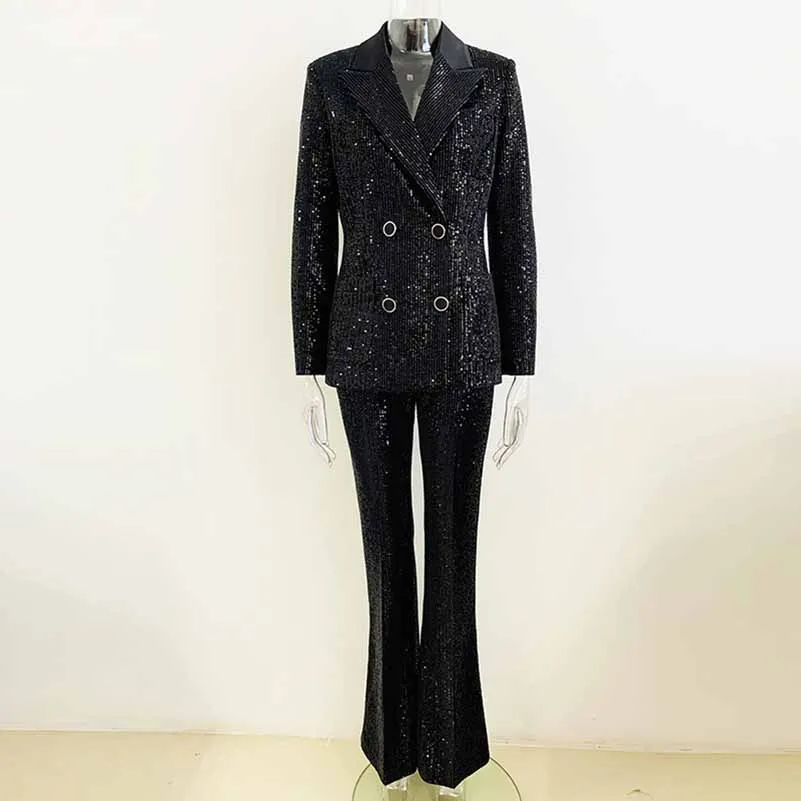 Women Black Sequinned fitted Blazer   Mid-High Rise Flare Trousers Suit Pantsuit