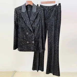 Women Black Sequinned fitted Blazer   Mid-High Rise Flare Trousers Suit Pantsuit