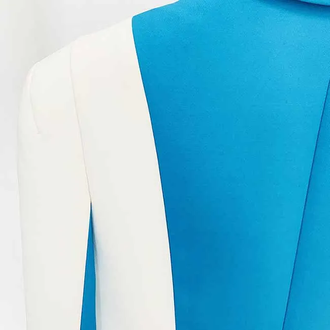 Women Blue and White Colour Pantsuit- Blocked Fitted Blazer   Mid-High Rise Slim Fit Flare Trousers Suit Pantsuit Office Wear