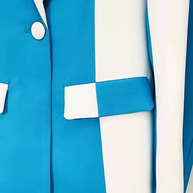 Women Blue and White Colour Pantsuit- Blocked Fitted Blazer   Mid-High Rise Slim Fit Flare Trousers Suit Pantsuit Office Wear