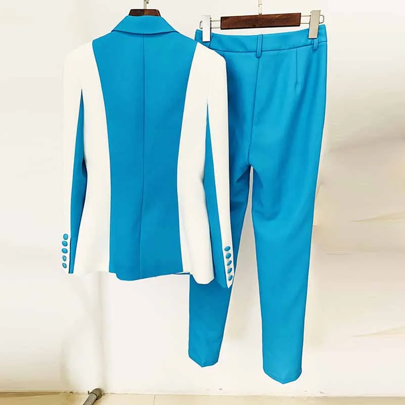 Women Blue and White Colour Pantsuit- Blocked Fitted Blazer   Mid-High Rise Slim Fit Flare Trousers Suit Pantsuit Office Wear