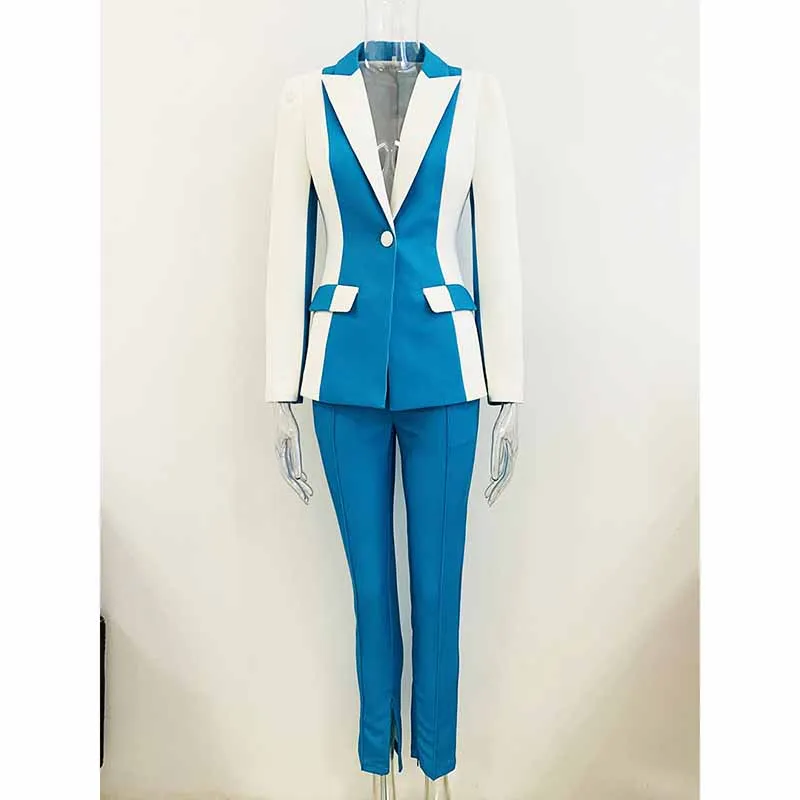 Women Blue and White Colour Pantsuit- Blocked Fitted Blazer   Mid-High Rise Slim Fit Flare Trousers Suit Pantsuit Office Wear