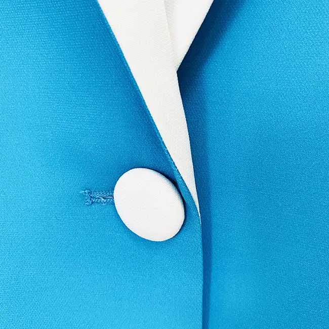 Women Blue and White Colour Pantsuit- Blocked Fitted Blazer   Mid-High Rise Slim Fit Flare Trousers Suit Pantsuit Office Wear