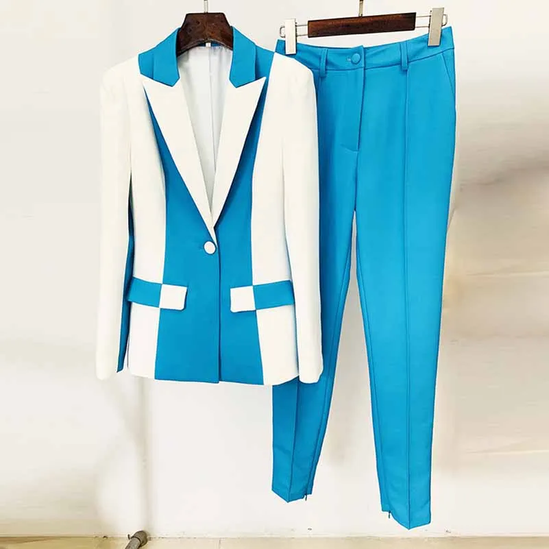 Women Blue and White Colour Pantsuit- Blocked Fitted Blazer   Mid-High Rise Slim Fit Flare Trousers Suit Pantsuit Office Wear