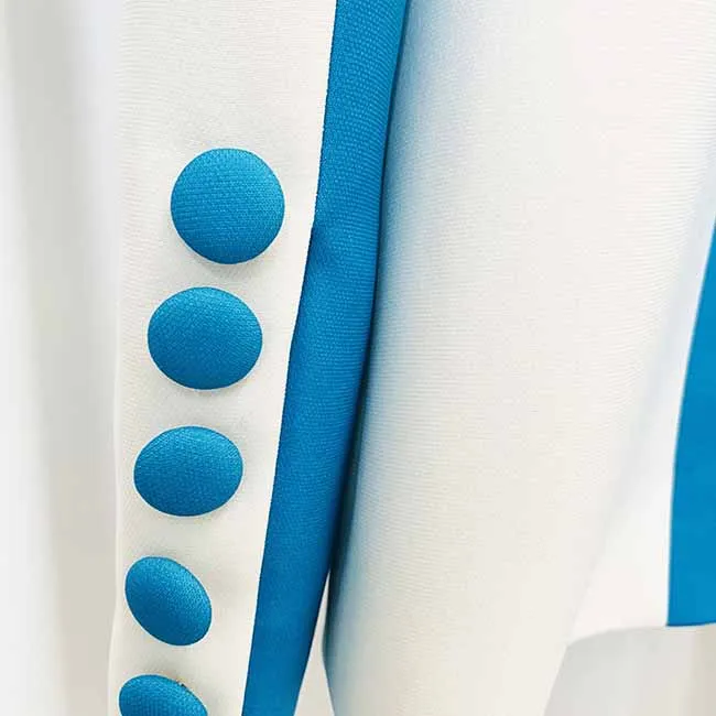 Women Blue and White Colour Pantsuit- Blocked Fitted Blazer   Mid-High Rise Slim Fit Flare Trousers Suit Pantsuit Office Wear