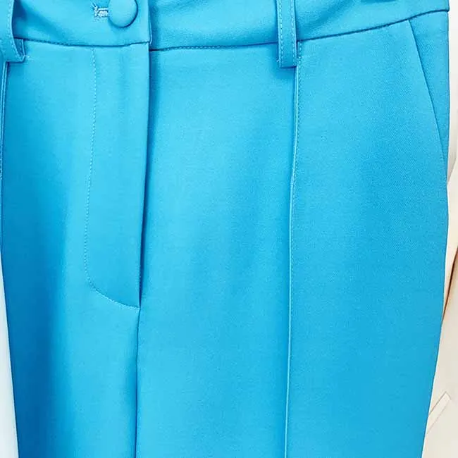 Women Blue and White Colour Pantsuit- Blocked Fitted Blazer   Mid-High Rise Slim Fit Flare Trousers Suit Pantsuit Office Wear