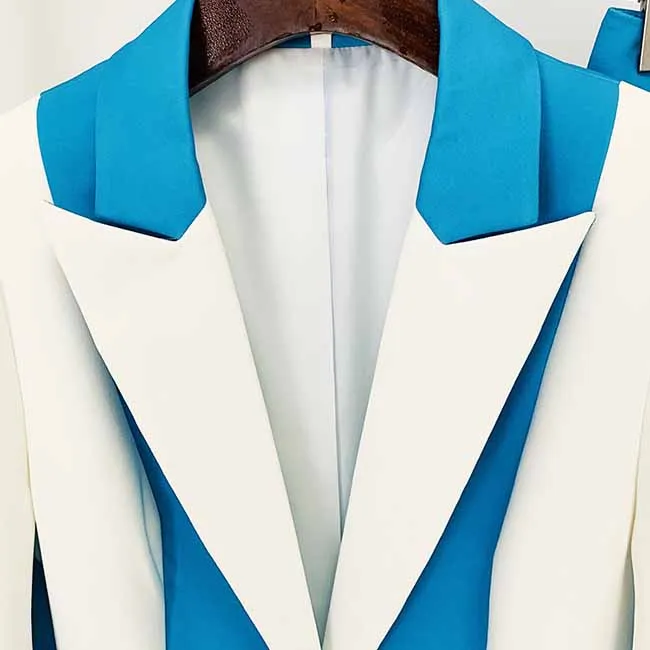 Women Blue and White Colour Pantsuit- Blocked Fitted Blazer   Mid-High Rise Slim Fit Flare Trousers Suit Pantsuit Office Wear