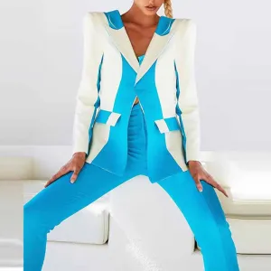 Women Blue and White Colour Pantsuit- Blocked Fitted Blazer   Mid-High Rise Slim Fit Flare Trousers Suit Pantsuit Office Wear