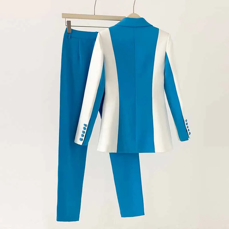 Women Blue and White Pantsuit fitted Blazer   Mid-High Rise Flare Trousers Suit Pantsuit