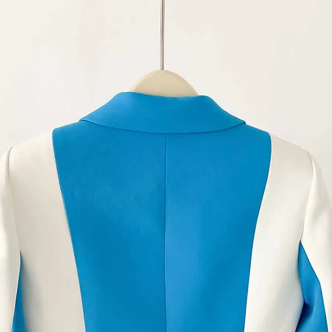 Women Blue and White Pantsuit fitted Blazer   Mid-High Rise Flare Trousers Suit Pantsuit