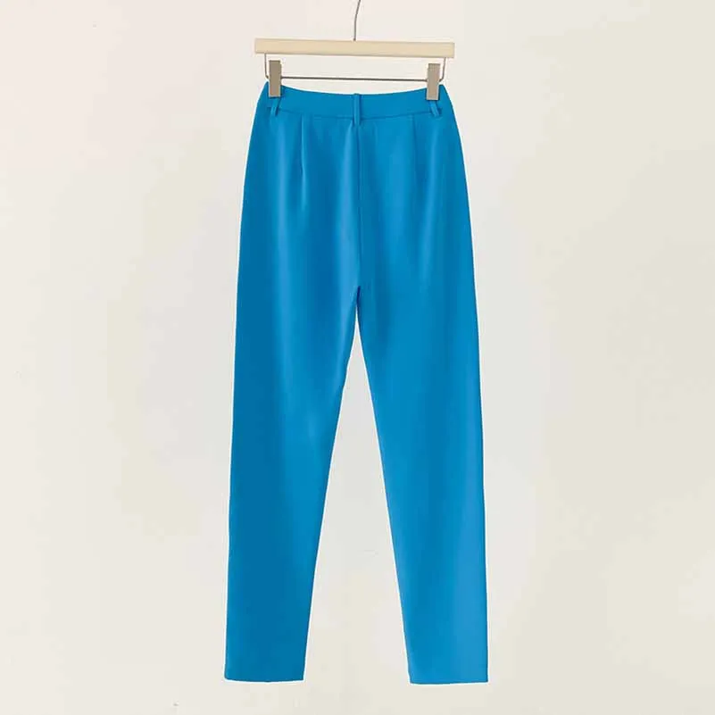 Women Blue and White Pantsuit fitted Blazer   Mid-High Rise Flare Trousers Suit Pantsuit