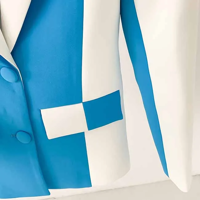 Women Blue and White Pantsuit fitted Blazer   Mid-High Rise Flare Trousers Suit Pantsuit