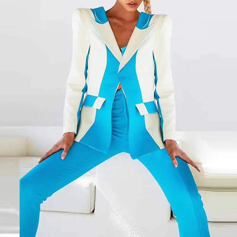 Women Blue and White Pantsuit fitted Blazer   Mid-High Rise Flare Trousers Suit Pantsuit