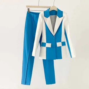 Women Blue and White Pantsuit fitted Blazer   Mid-High Rise Flare Trousers Suit Pantsuit
