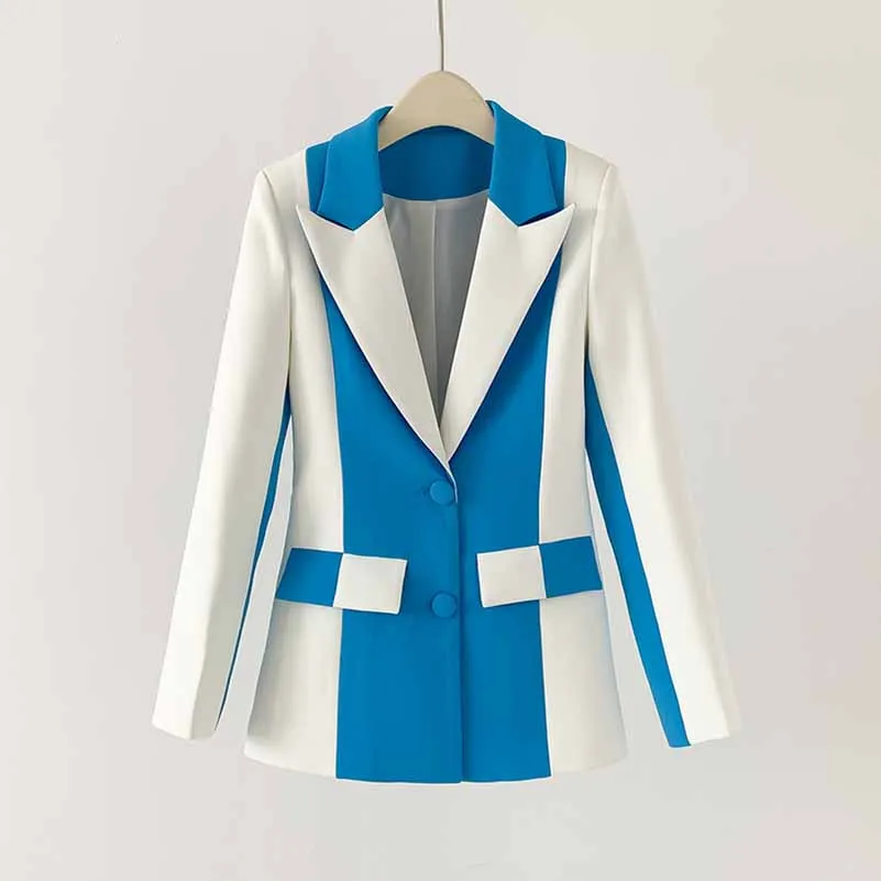 Women Blue and White Pantsuit fitted Blazer   Mid-High Rise Flare Trousers Suit Pantsuit