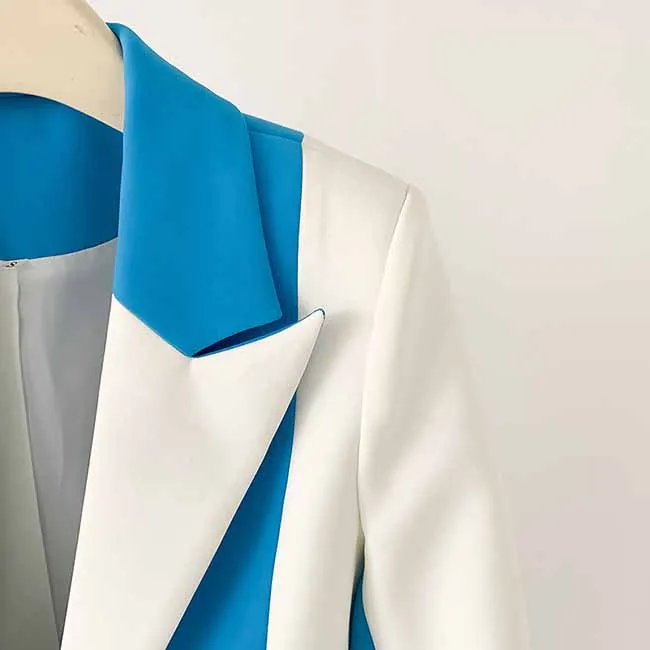 Women Blue and White Pantsuit fitted Blazer   Mid-High Rise Flare Trousers Suit Pantsuit