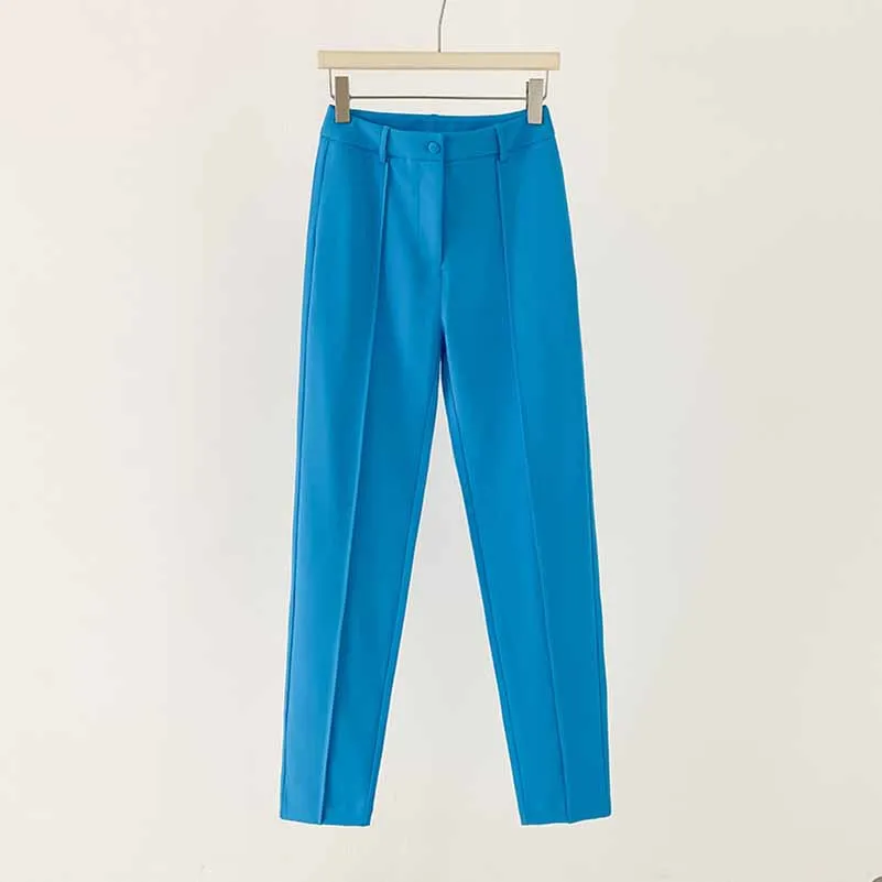 Women Blue and White Pantsuit fitted Blazer   Mid-High Rise Flare Trousers Suit Pantsuit