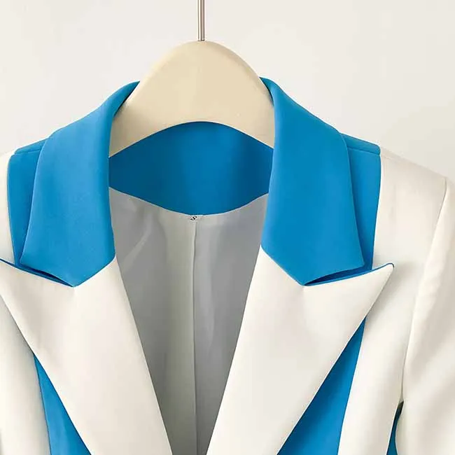 Women Blue and White Pantsuit fitted Blazer   Mid-High Rise Flare Trousers Suit Pantsuit