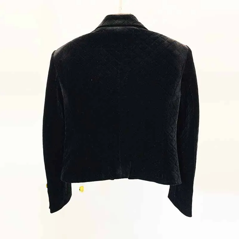 Women Golden Lion Buttons Big Pin Brooch Velvet Quilted Jacket Short Fitted Blazer Black