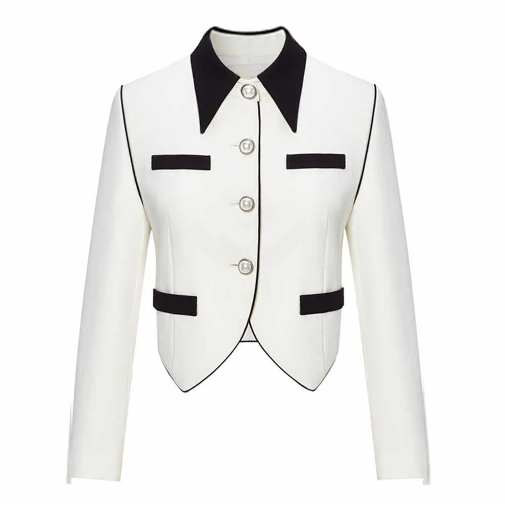 Women's Black Collar Fitted White Blazer Jacket