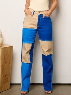 WOMEN'S BUTTON CLOSURE COLORBLOCK DENIM PANTS